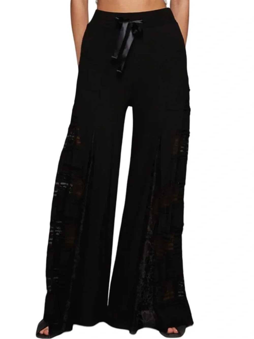 ▪️🔲◾️POL Black Wide-Leg Lace-Panel Pants with Satin Waist Tie ◾️🔲▪️ - Picture 3 of 14